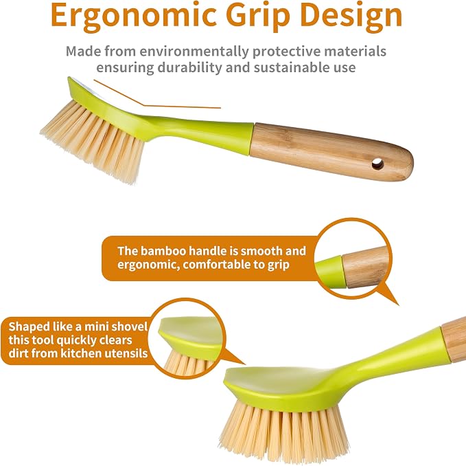 2 Pack Kitchen Dish Brush Bamboo Handle Dish Scrubber Built-in Scraper - Image 4