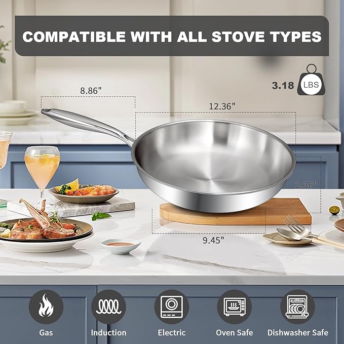 EWFEN 12 Inch Tri-Ply Stainless Steel Frying Pan, Compatible - Image 6