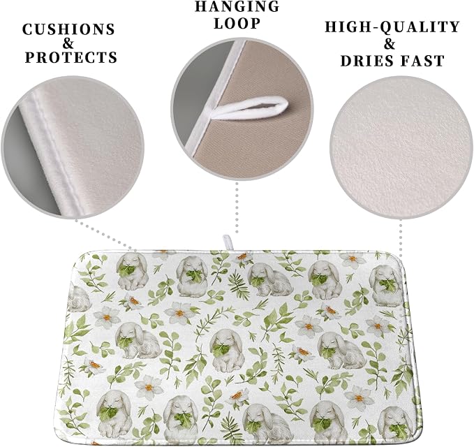 Easter Bunny Floral Drying Mat for Kitchen Counter Spring Easter Rabbits Green - Image 3
