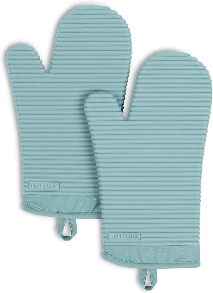 KITCHENAID Ribbed Soft Silicone Oven Mitt 2-Pack Set, Mineral Water Aqua by KitchenAid