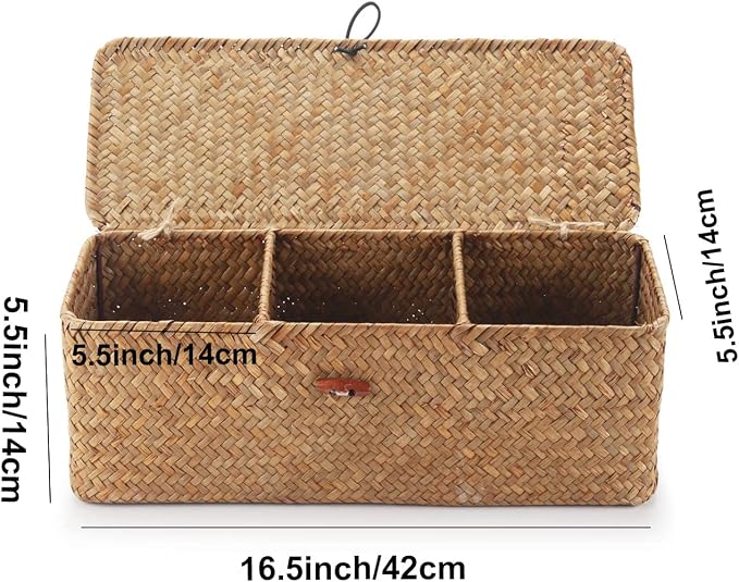 Seagrass Tank Basket with Lid Woven Toilet Roll Storage Basket with Sections - Image 4