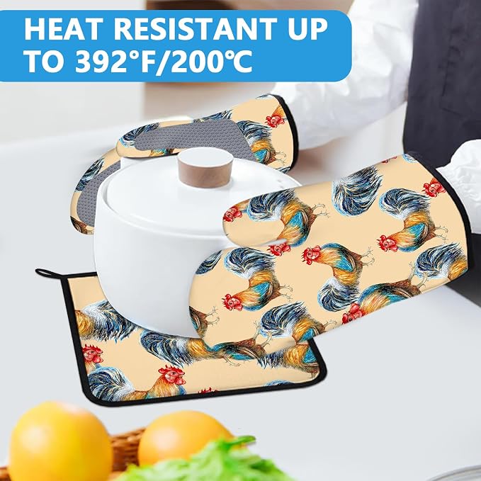 Watercolor Rooster Oven Mitts and Pot Holders Sets Heat Resistant 4Pcs - Image 5