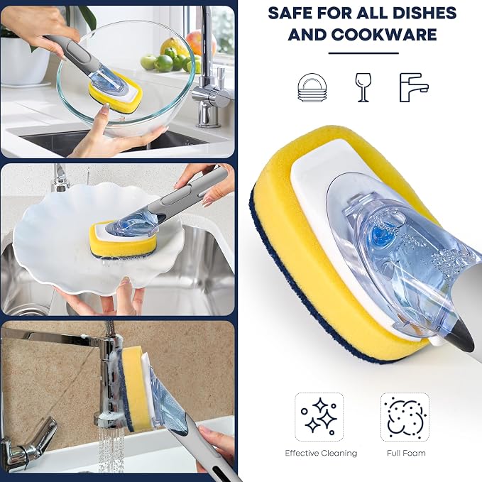 Dish Brush with Soap Dispenser Storage Set with 2 PCS Sponge Refills & Holder - Image 4