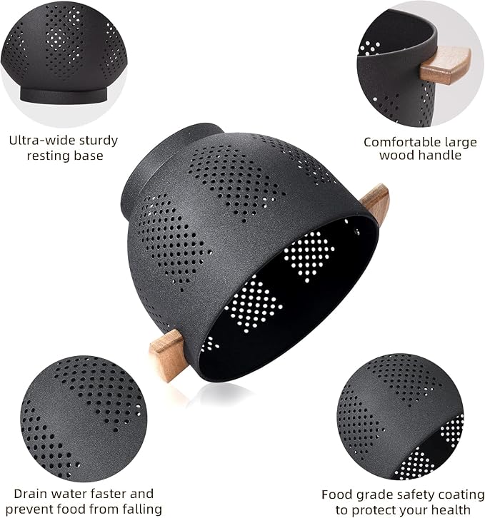 Metal Colander with Wood Handle and Stable Base, Powder Coated Steel Kitchen - Image 6