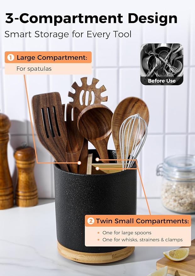 LoeJan 3 Compartment Utensil Holder, Extra Large Utensil Crock, Stable Ceramic - Image 3
