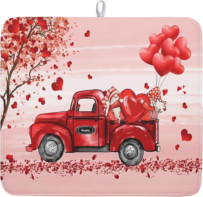 Valentine's Love Truck Dish Drying Mat, Valentine Red Gnomes Dish Drying Mat by Kawani