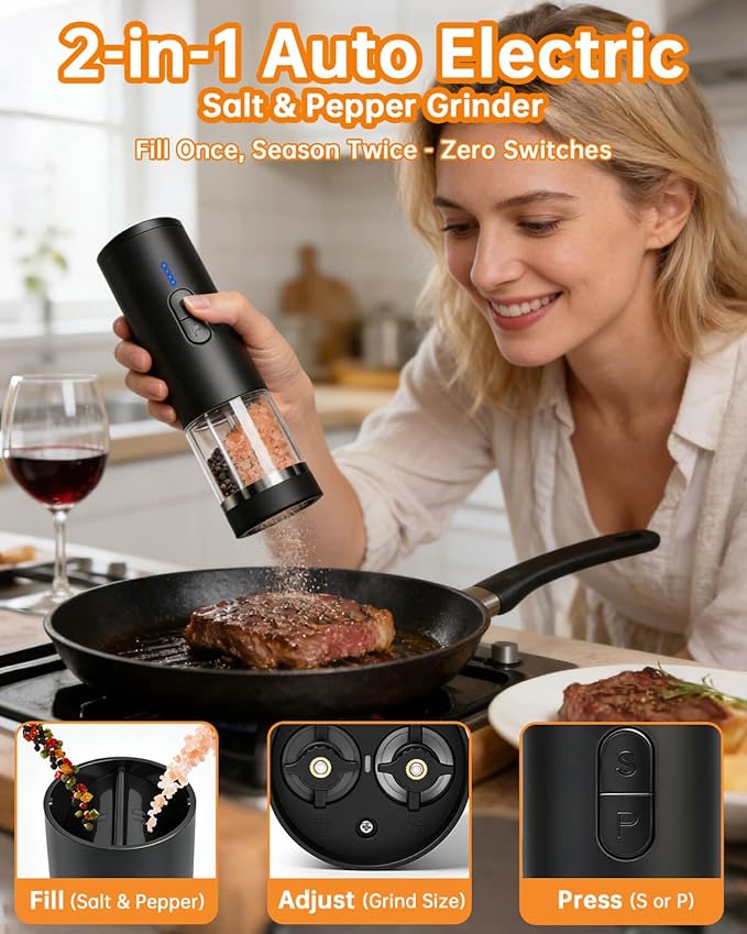 Aotto 2-in-1 Electric Salt and Pepper Grinder Set, USB-C Rechargeable Automatic - Image 2