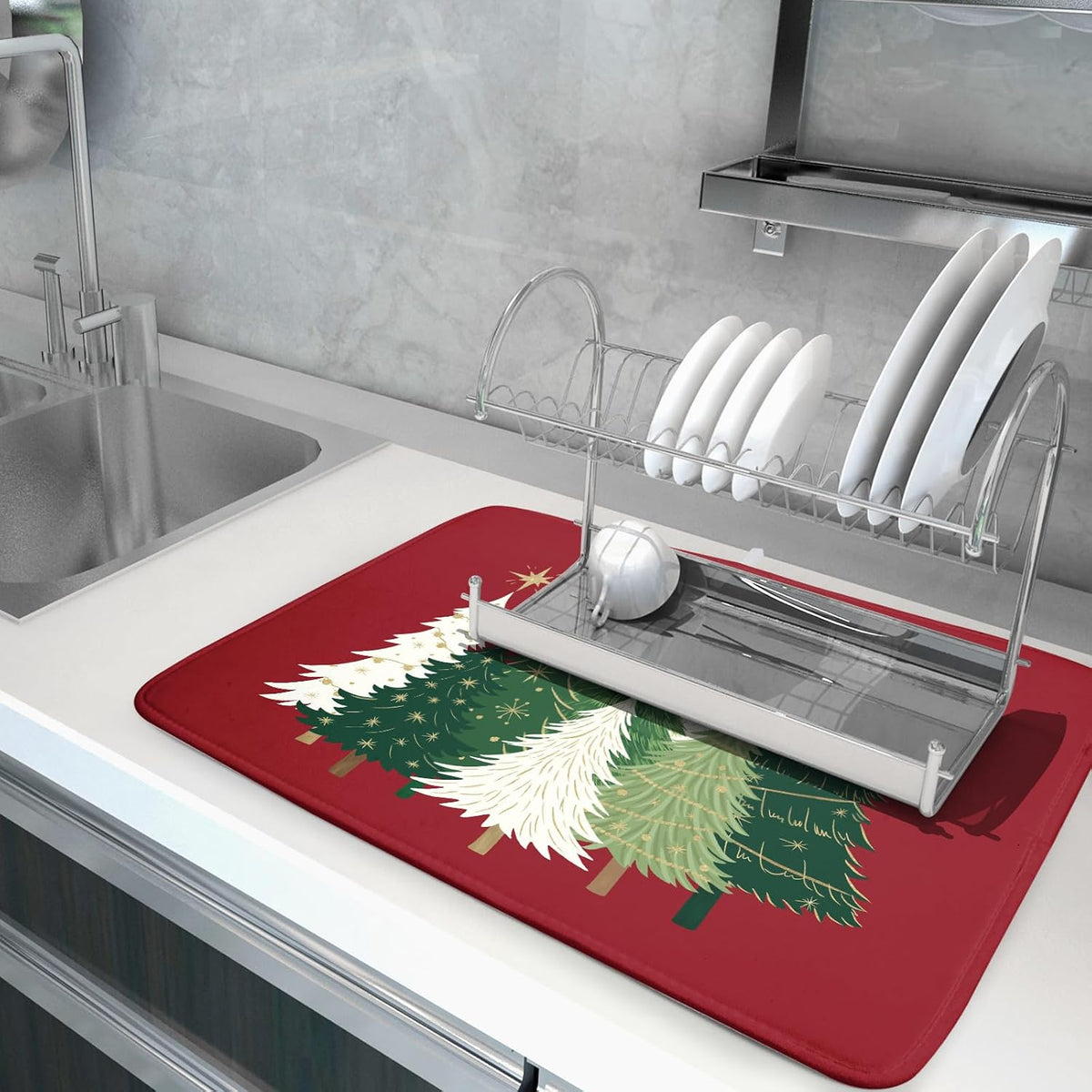Christmas Dish Drying Mat for Kitchen Counter 18x24 Dark Red Winter