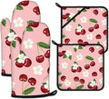 Cherry Oven Mitts and Pot Holders Sets Heat Resistant 4Pcs White Flower by ANTJOO