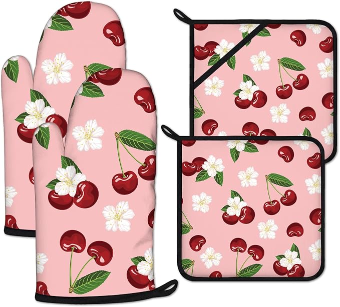 Cherry Oven Mitts and Pot Holders Sets Heat Resistant 4Pcs White Flower by ANTJOO