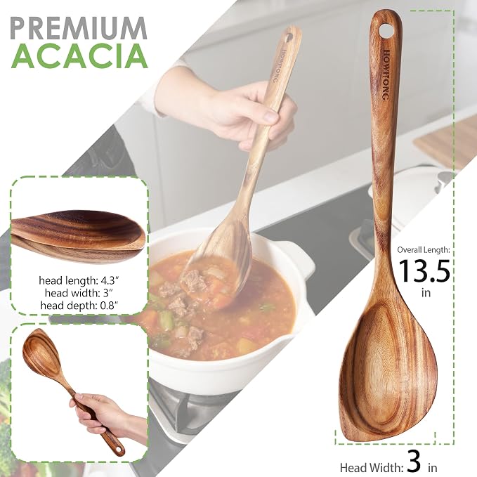HOWHONG Corner Spoon Wooden Cooking Utensil, Long Handle Acacia Wood Spoon - Image 2