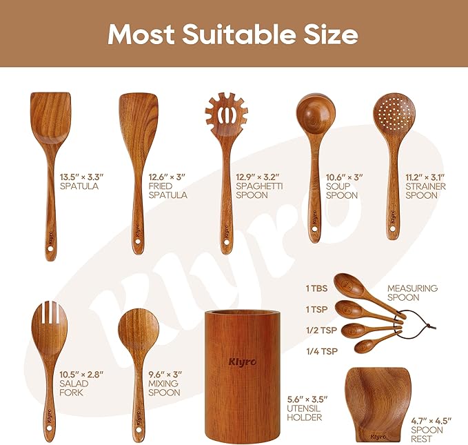 KLYRO Wooden Spoons for Cooking, Nonstick Kitchen Utensils Set - Image 7