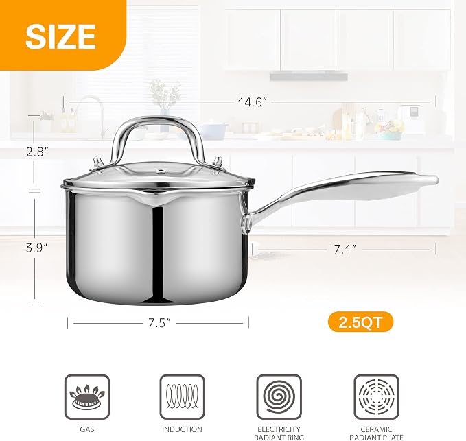 Stainless Steel Saucepan with Tempered Glass Lid, 2.5 Quart Multipurpose - Image 2