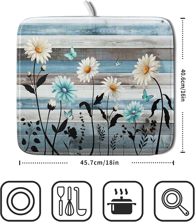 Blue White Daisy Floral Dish Drying Mat - Image 2
