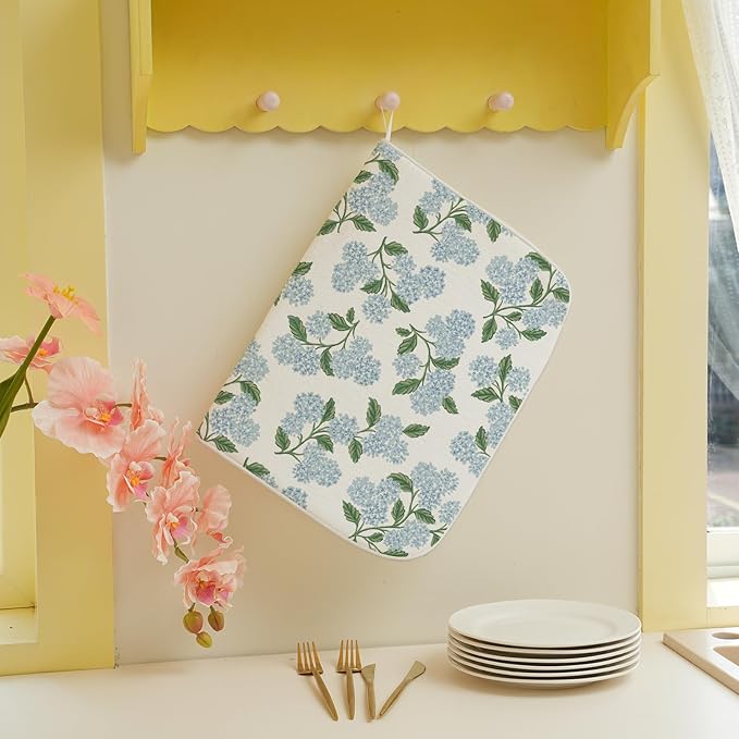 Blue Green Dish Drying Mat 18x24 Inch Vintage Floral Hydrangea Flower Drying - Image 5