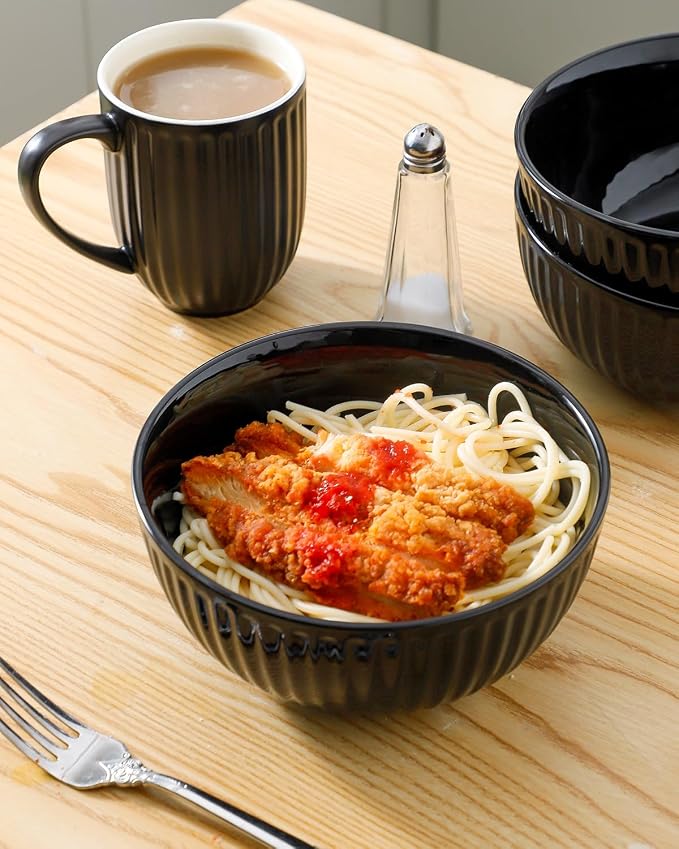 HASENSE 7 Inch Large Serving Bowls Set of 4, 42 Oz Black Ceramic Salad Bowl - Image 4