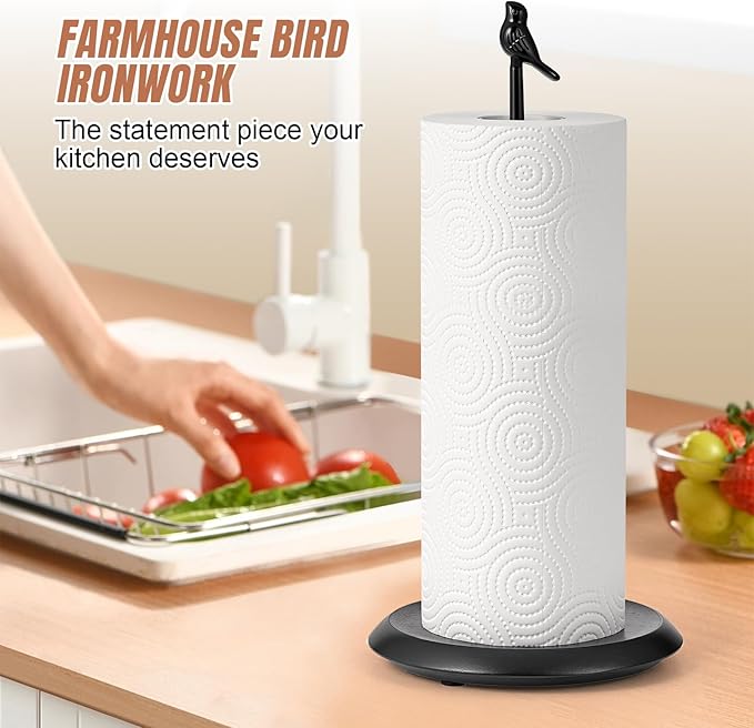 Wooden Paper Towel Holder countertop, Stylish Bird Shaped, Solid Wood Base&Iron - Image 2