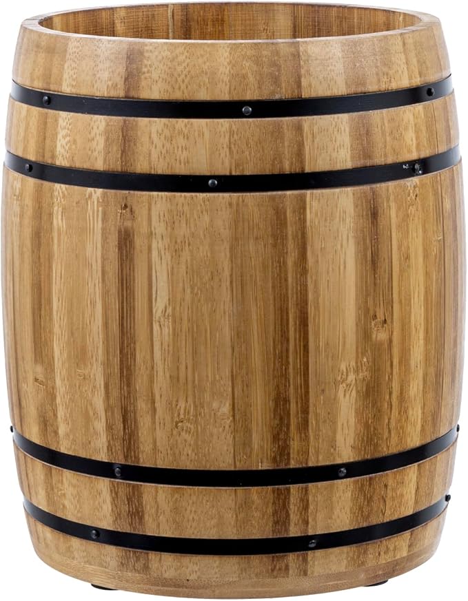 MyGift Wine Barrel Design Kitchen Utensil Crock, Light Brown Solid Bamboo Wood - Image 4