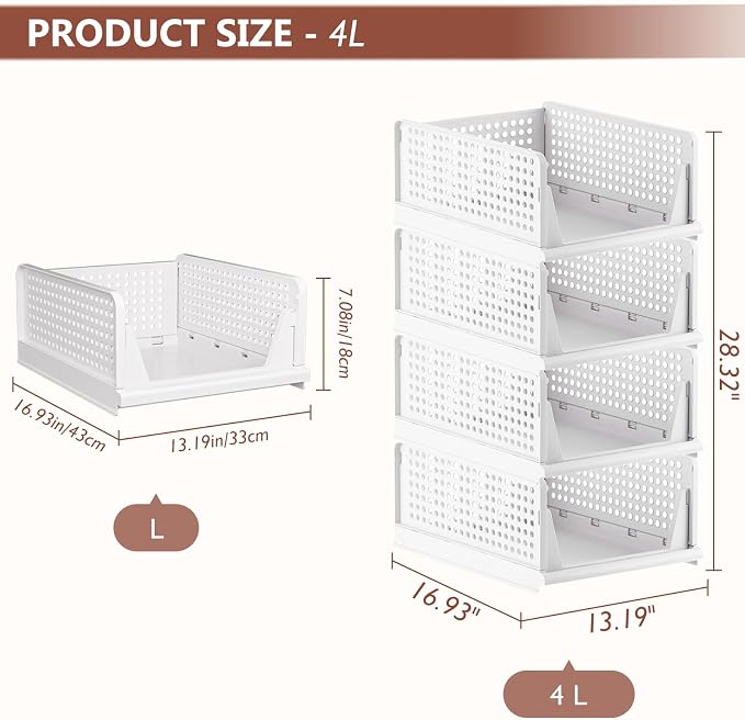 4 Pack Folding Closet Organizers Storage Box, Stackable Storage Bins, Plastic - Image 3