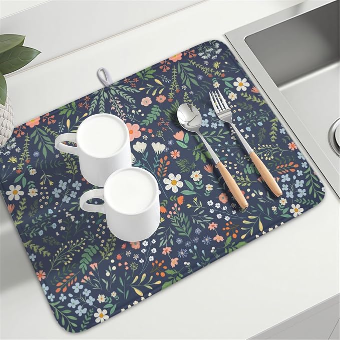 Floral Dish Drying Mat for Kitchen Counter Rustic Flower Leaves Print - Image 8