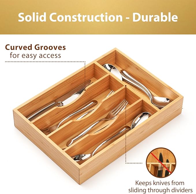 Umilife Bamboo Kitchen Drawer Organizer, 8.25 Inch Silverware Utensils Tray - Image 3