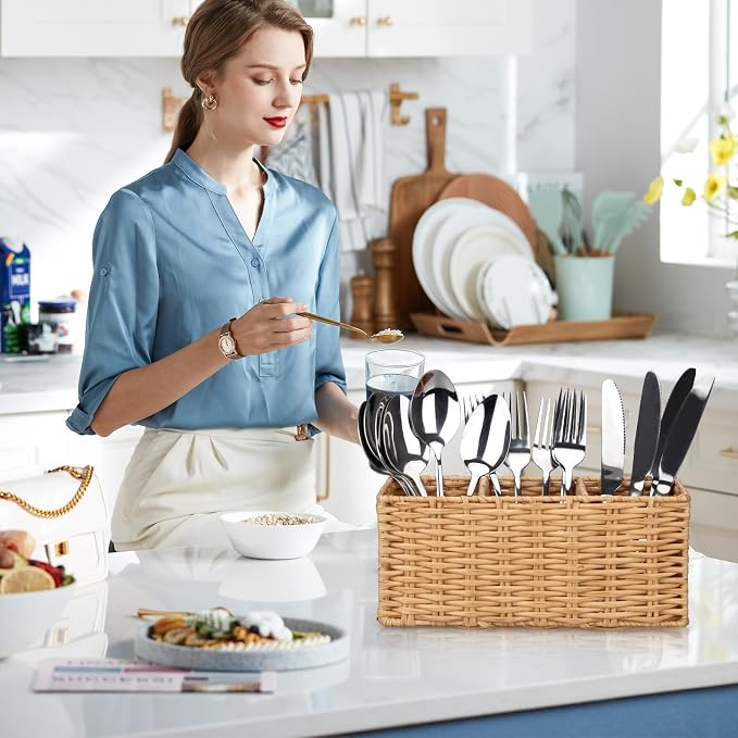 Ayiaren Wicker Flatware Silverware Caddy Cutlery Holder Kitchen Silverware - Image 3