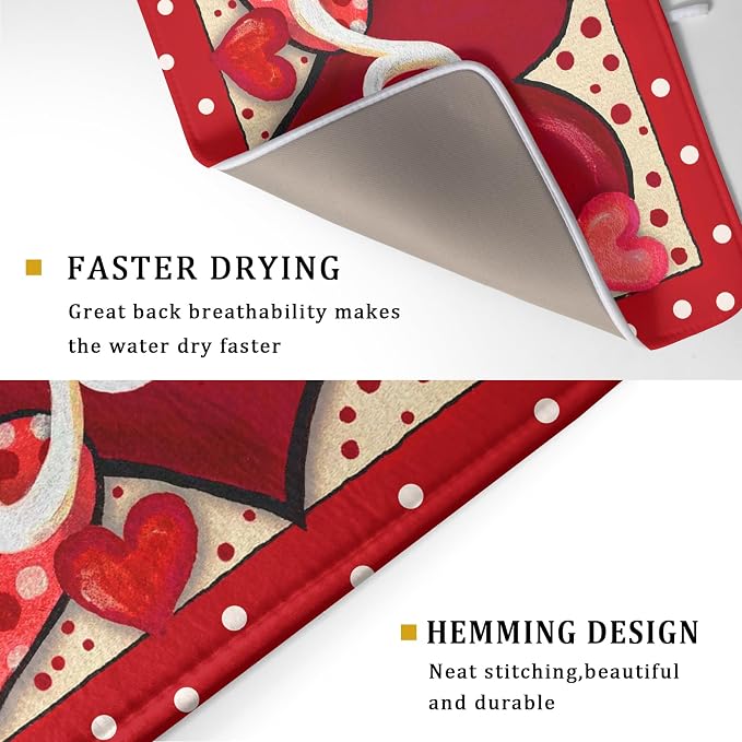 Love Heart Dish Drying Mat 18"x24" Red Dots Microfiber Dish Rack Mat Holiday - Image 3