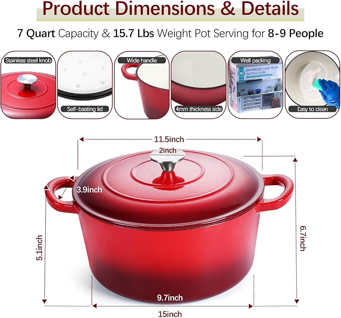 E-far 7QT Enameled Dutch Oven, Cast Iron Dutch Oven Pot - Image 2