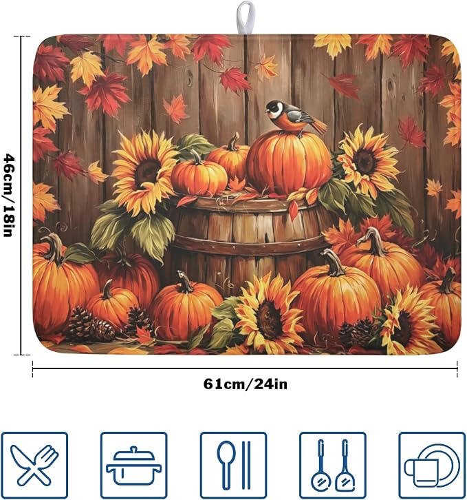 Fall Pumpkin Dish Drying Mat for Kitchen Counter Thanksgiving Autumn Harvest - Image 2