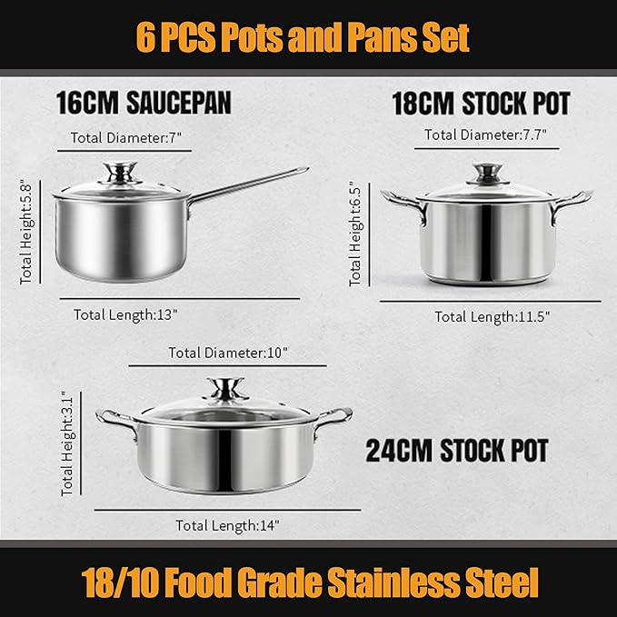 Aufranc Stainless Steel pots and pans set, 6 Piece Nonstick Kitchen Induction - Image 2