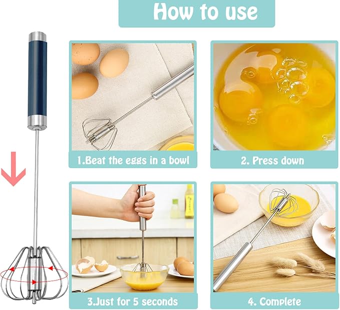 Semi-automatic Whisk, Stainless Steel Egg Beater, Hand Push Rotary Whisks Mixer - Image 4