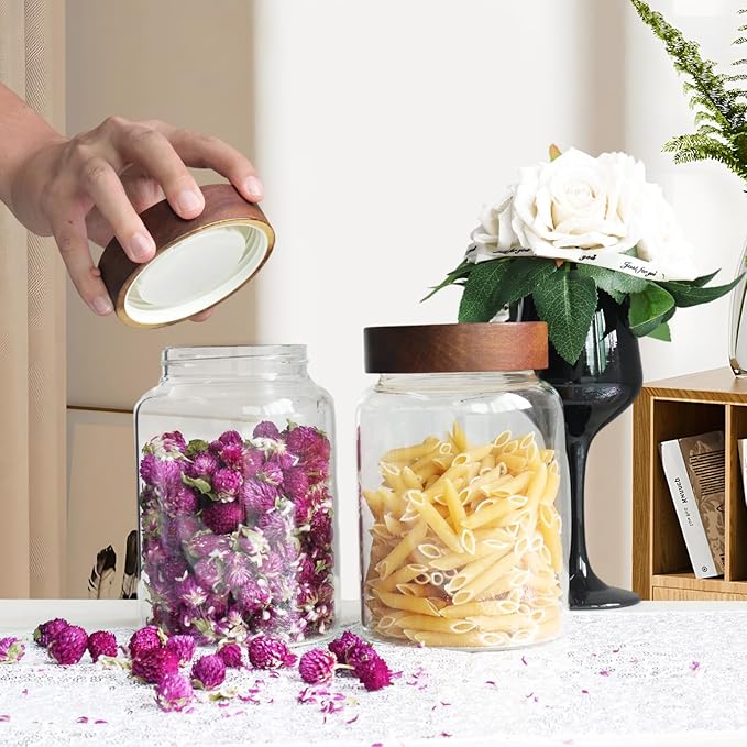 Airtight Glass Jars with Wooden Lid Round Spice Jar Clear Glass Food Storage - Image 5
