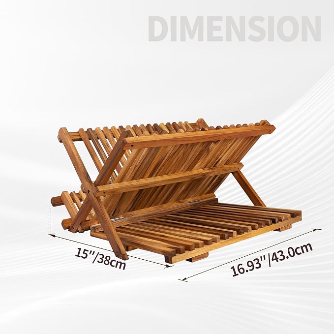 Utoplike 3 Tier Collapsible Teak Wood Dish Drying Rack, Foldable Large Capacity - Image 3