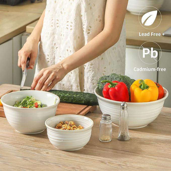 HASENSE Ceramic Mixing Bowls Set, 2.1/1.0/0.5 Qt, Handmade Salad Serving Bowls - Image 4