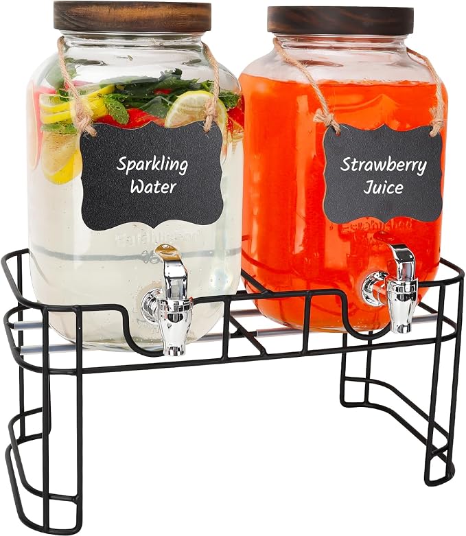 Glass Drink Dispensers For Parties, 2 PACK 1 Gallon Beverage Dispenser by Betrome