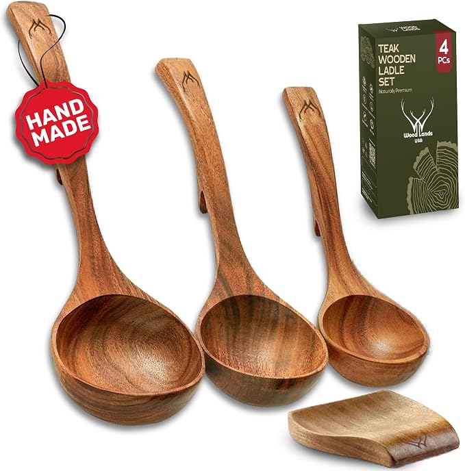 4Pcs Wooden Ladle Set – Teak Wood Soup Spoons by WOODLANDSUSA