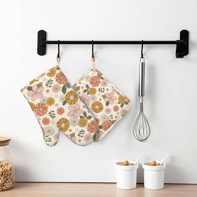 Retro 70s Style Flower Oven Mitts and Pot Holders Set of 4 Silicone Retro Boho - Image 7