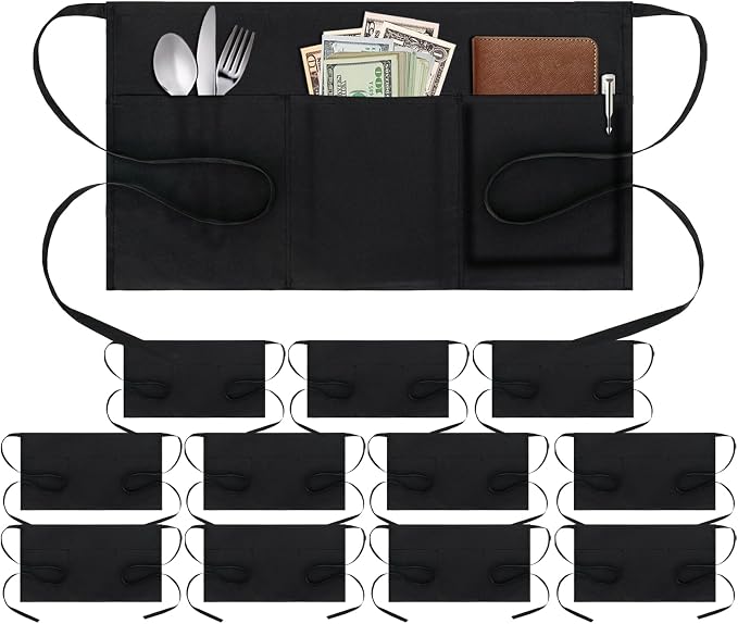 BOHARERS 3 Pockets Waitress Apron 12 Pack Cotton Server Apron Black Half Aprons by BOHARERS