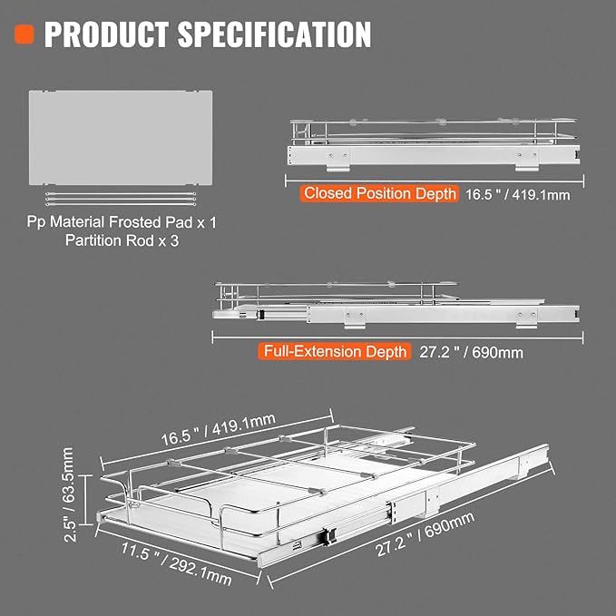 VEVOR 12.5"Wx16.5"Dx3.5"H Pull Out Cabinet Organizer, Heavy Duty Slide Out - Image 7