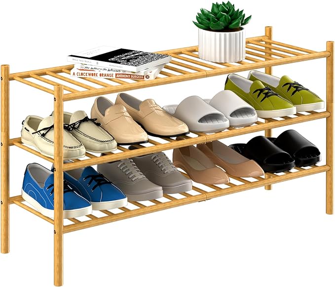 ROMGUAR CRAFT 3-Tier Bamboo Long Shoe Rack, Free Standing Wood Shoe Shelf by ROMGUAR+CRAFT