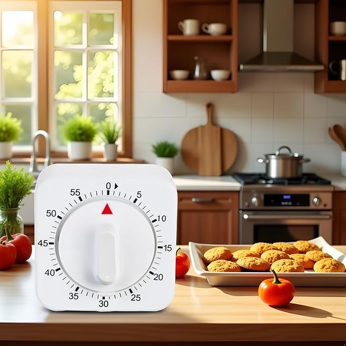 White Timer Clock Square 60-Minute Mechanical Kitchen Timer Wind up Visual - Image 7