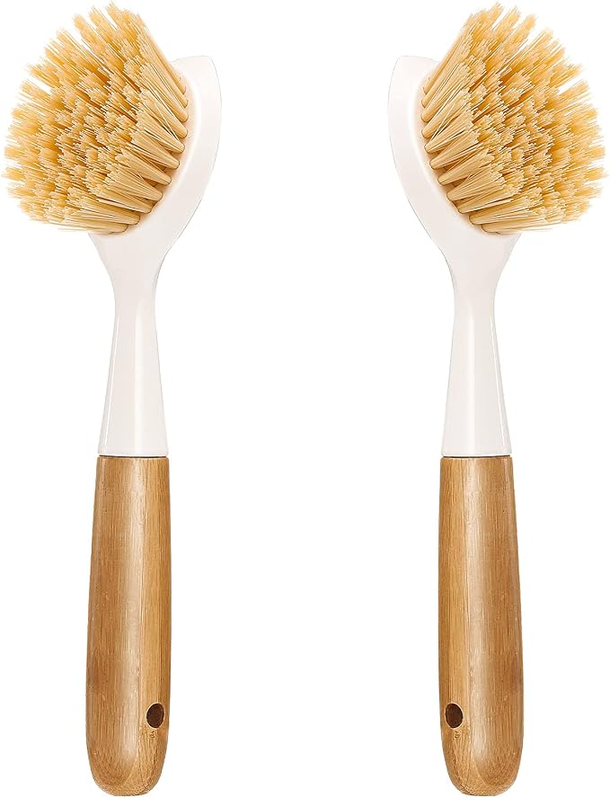 2 Pack Kitchen Dish Brush Bamboo Handle Dish Scrubber Built-in Scraper by Songtaste