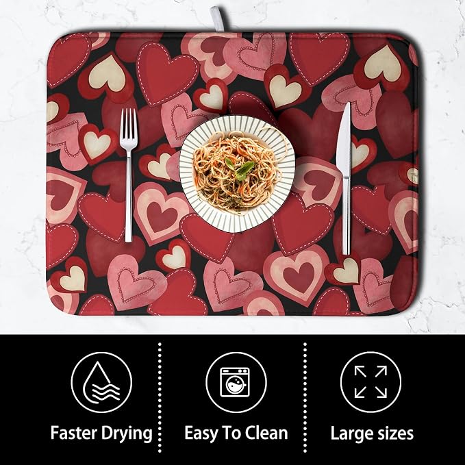 Valentine Dish Drying Mat for Kitchen Counter Red Black Love Heart Drying Pad - Image 4
