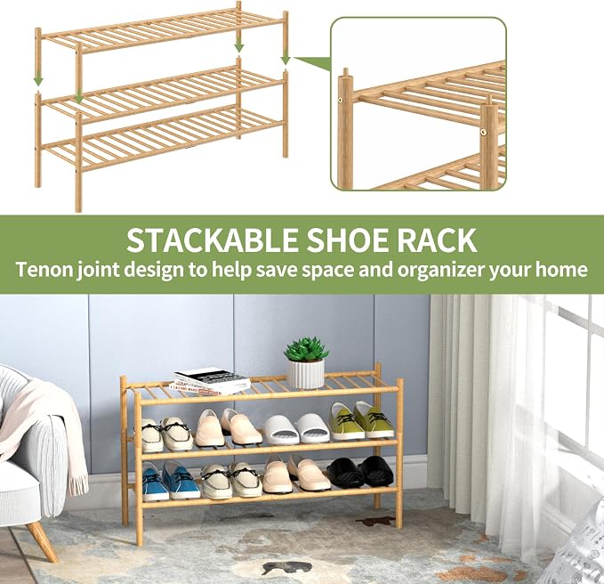 ROMGUAR CRAFT 3-Tier Bamboo Long Shoe Rack, Free Standing Wood Shoe Shelf - Image 6