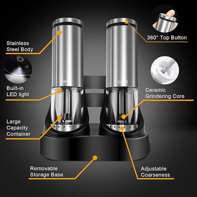 EIHO Electric Salt and Pepper Grinder Set USB Rechargeable, Upgraded External - Image 6