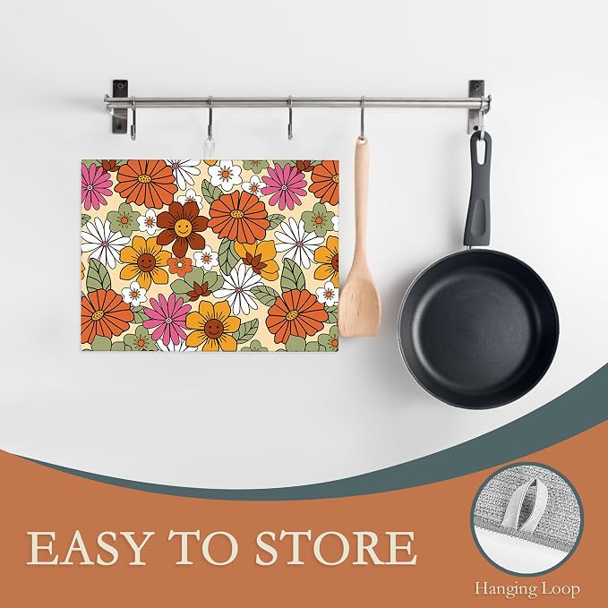 Retro 70s Groovy Flowers Dish Drying Mats 18x24 Inch, Daisy Boho Dish Pad - Image 3
