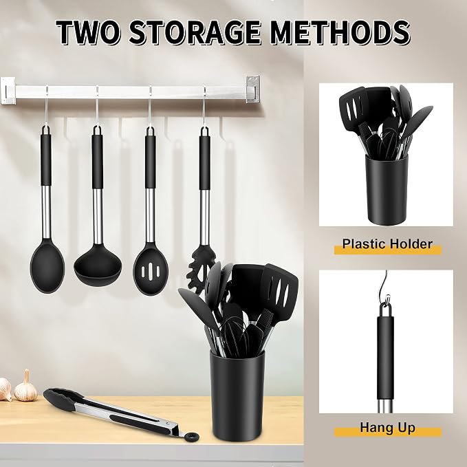 Silicone Cooking Utensils Set, E-far 14-Piece Black Kitchen Utensils Set - Image 6