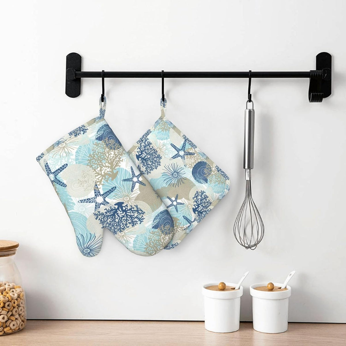 Nautical Coastal Oven Mitts and Pot Holders Set of 4 Silicone Starfish