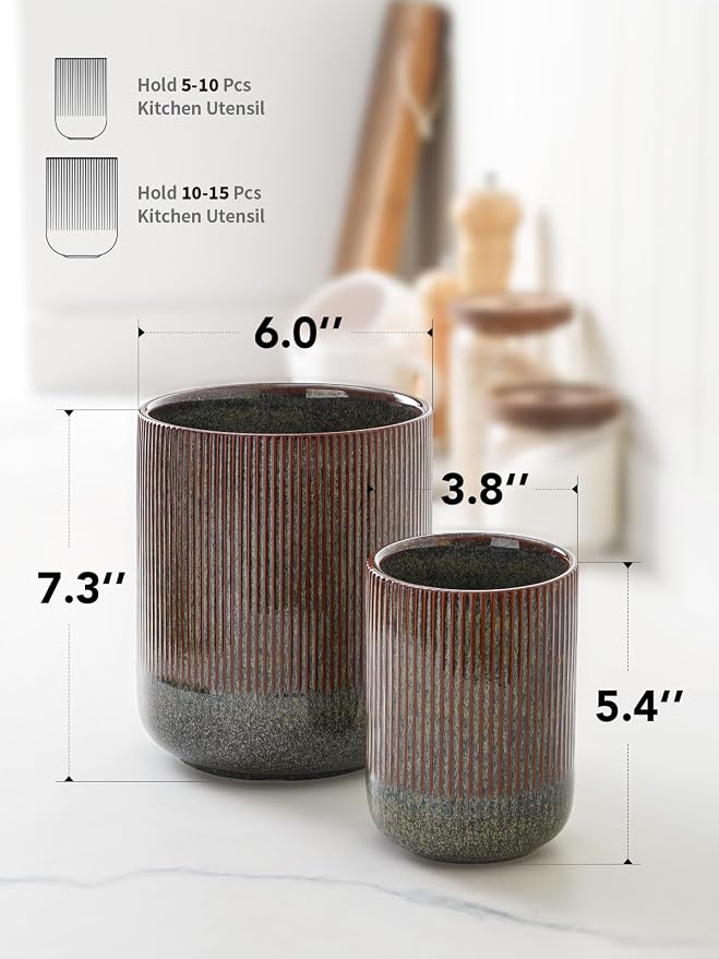 LE TAUCI Utensil Holder for Kitchen Counter, 7.3"+5.4" Fluted Ceramic Utensil - Image 5