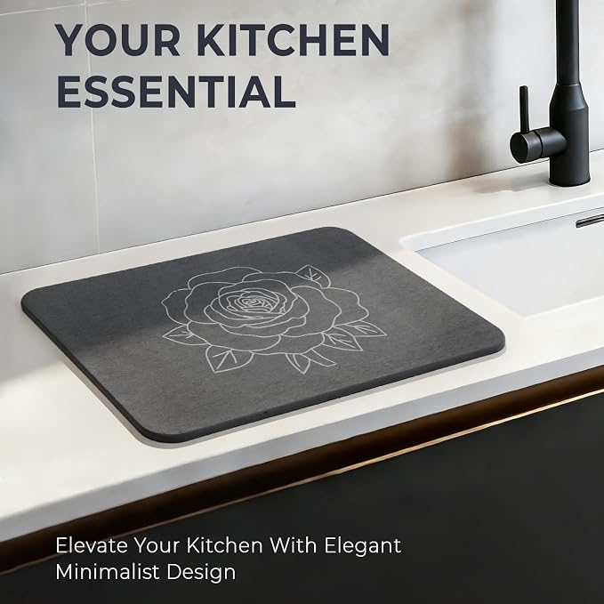 Stone Dish Drying Mat for Kitchen Counter, Glittery Resin Rose Pattern Quick - Image 9